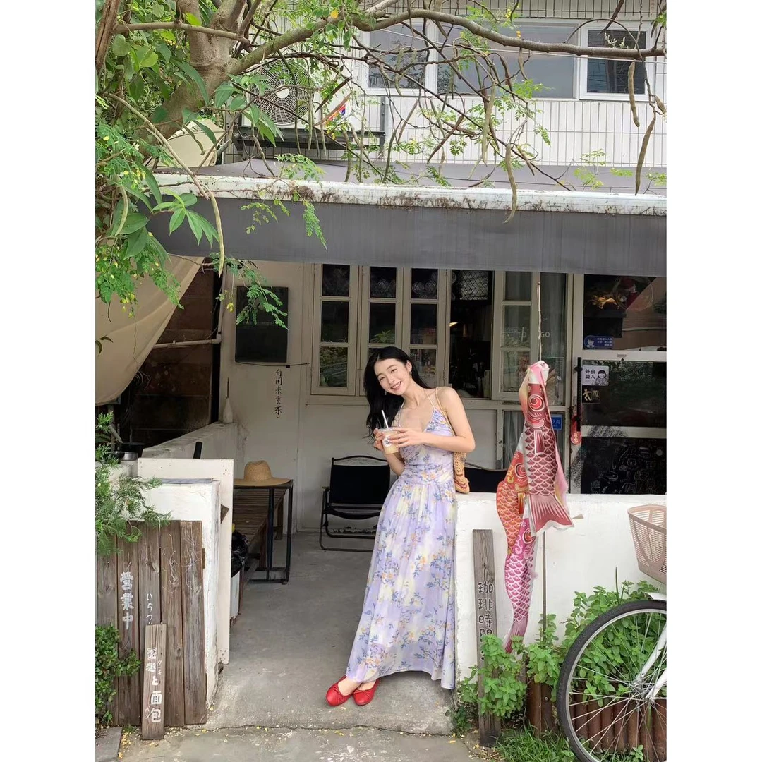 闭店青青甜味乔巴《忱月谣》法式晕染碎花印花V领女装连衣裙小众