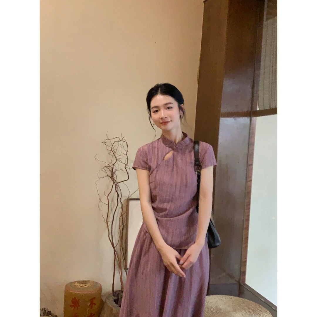 青青&甜味乔巴《花间十六声》新中式国风短袖女装连衣裙紫色设计师