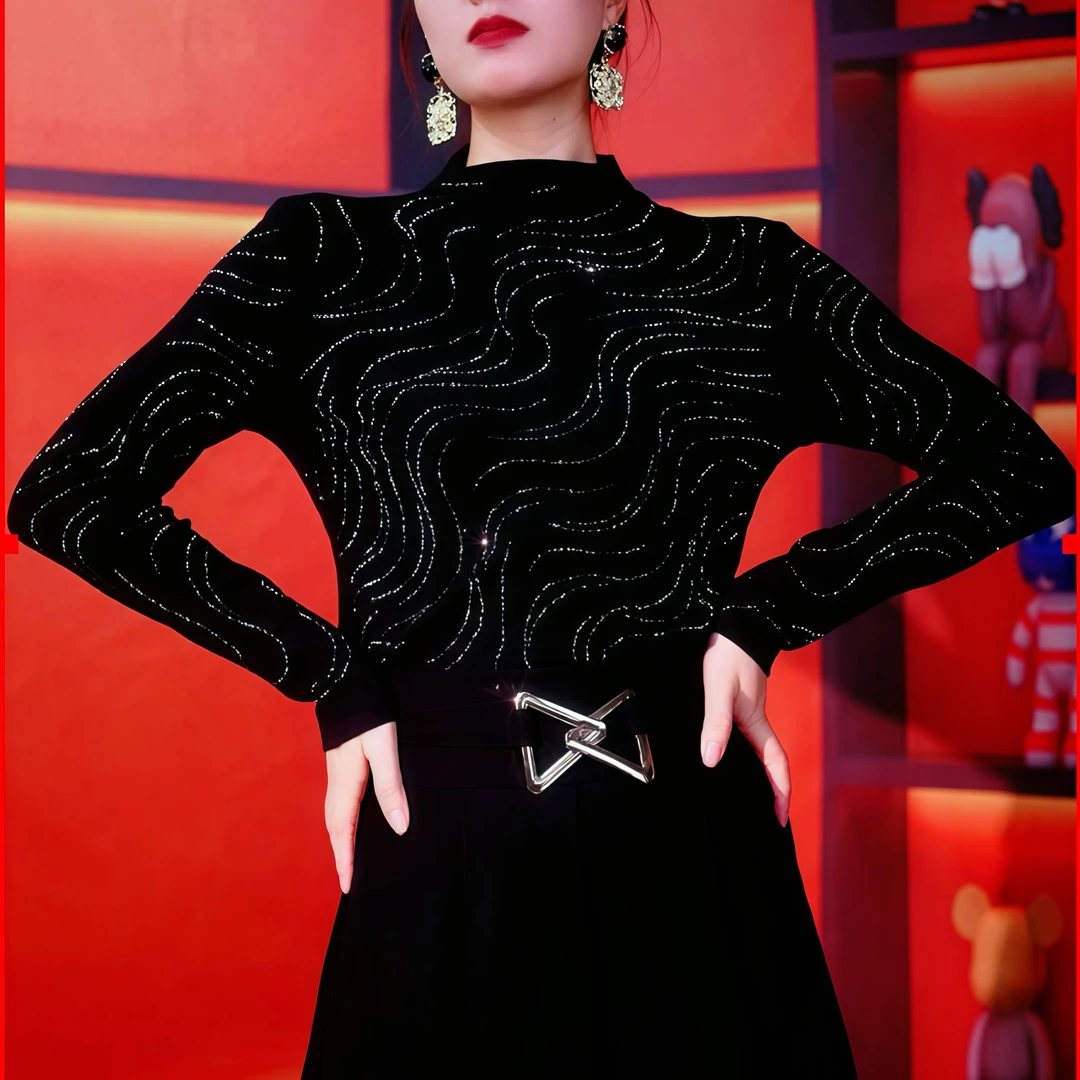 【波浪飞舞】半高领秋冬新款时尚百搭长袖遮肉显瘦打底衫女