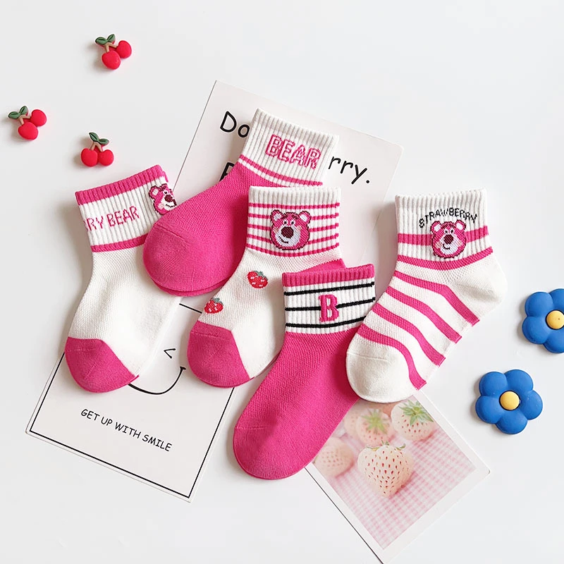 爱嘀嗒儿童袜子春夏季薄款网面精梳棉透气卡通草莓熊女宝短筒潮袜