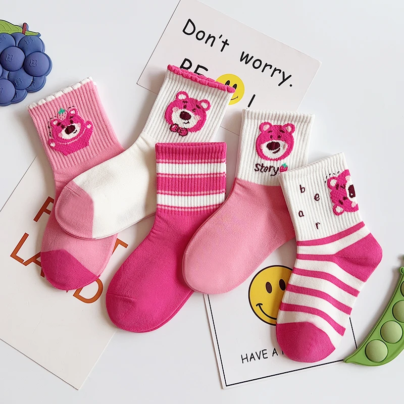儿童袜子秋冬季卡通可爱精梳棉草莓熊透气女宝粉色中大童中筒潮袜