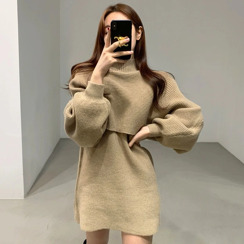 秋冬新款小众灯笼袖套头半高领披肩针织两件套连衣裙气质毛衣女神