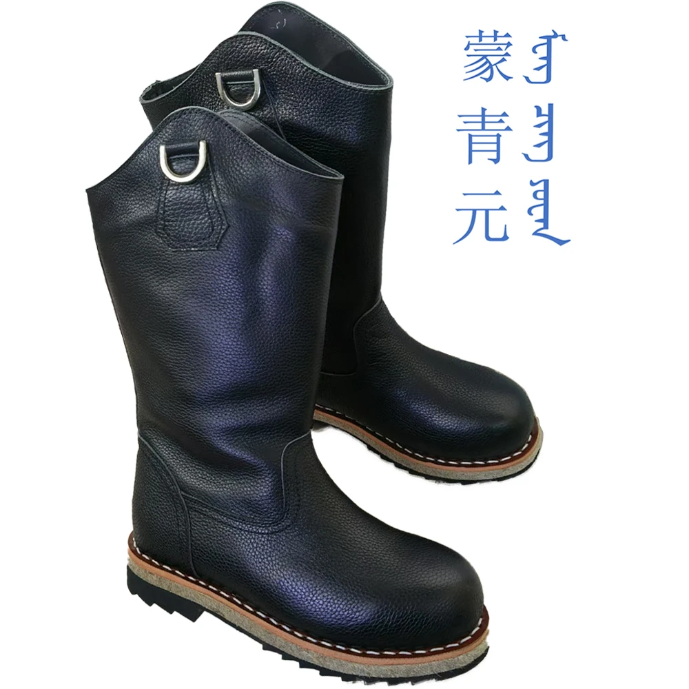 男士中筒圆头民族风冬季加厚保暖牛皮毡底简约防滑复古真皮马靴