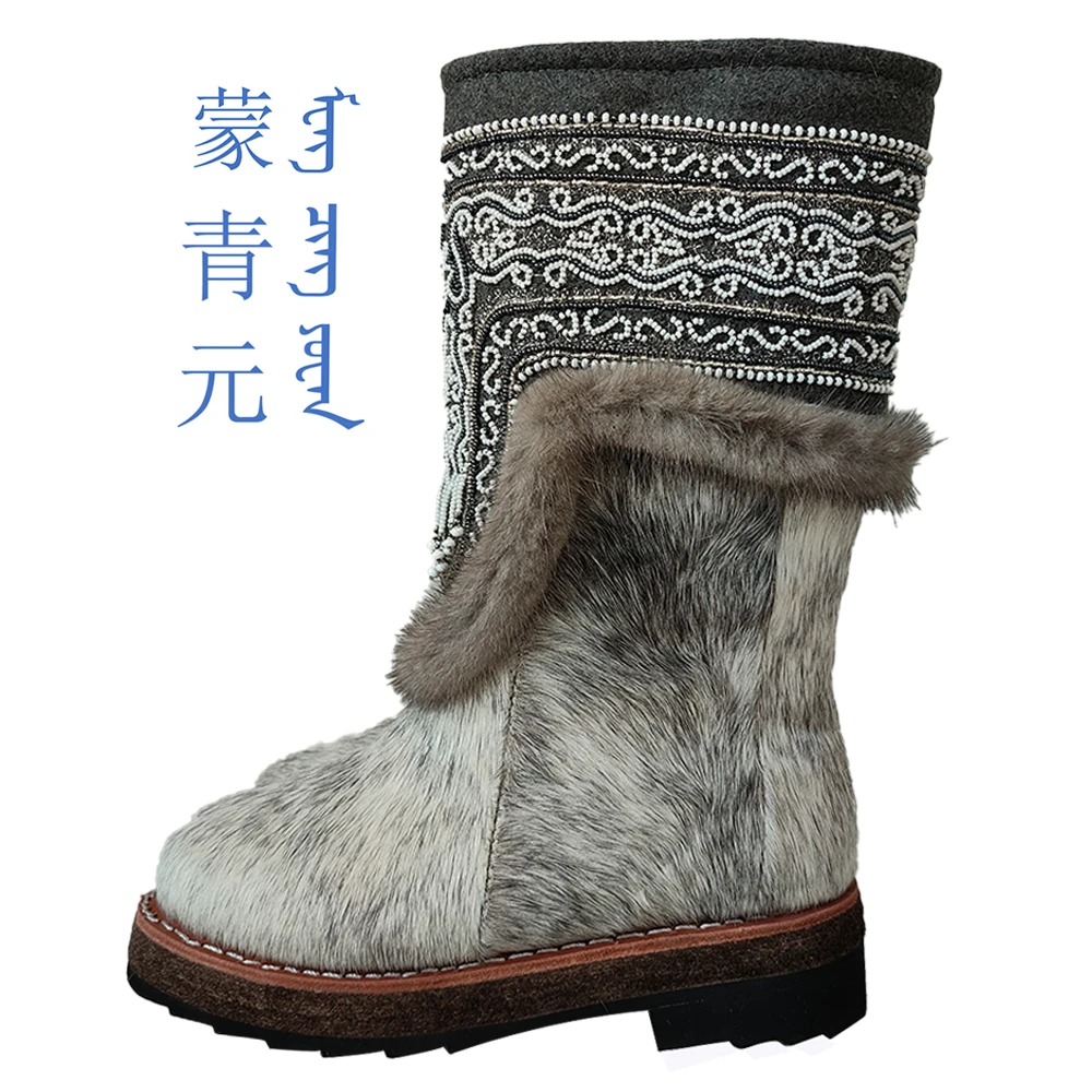 蒙青元女士高筒民族风冬季皮毛一体加厚毡底加绒加厚保暖防滑马靴