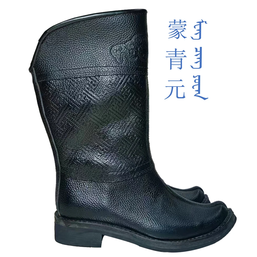 男士翘尖高筒蒙古马靴春秋纯牛皮压花休闲舒适透气套筒轻便单马靴