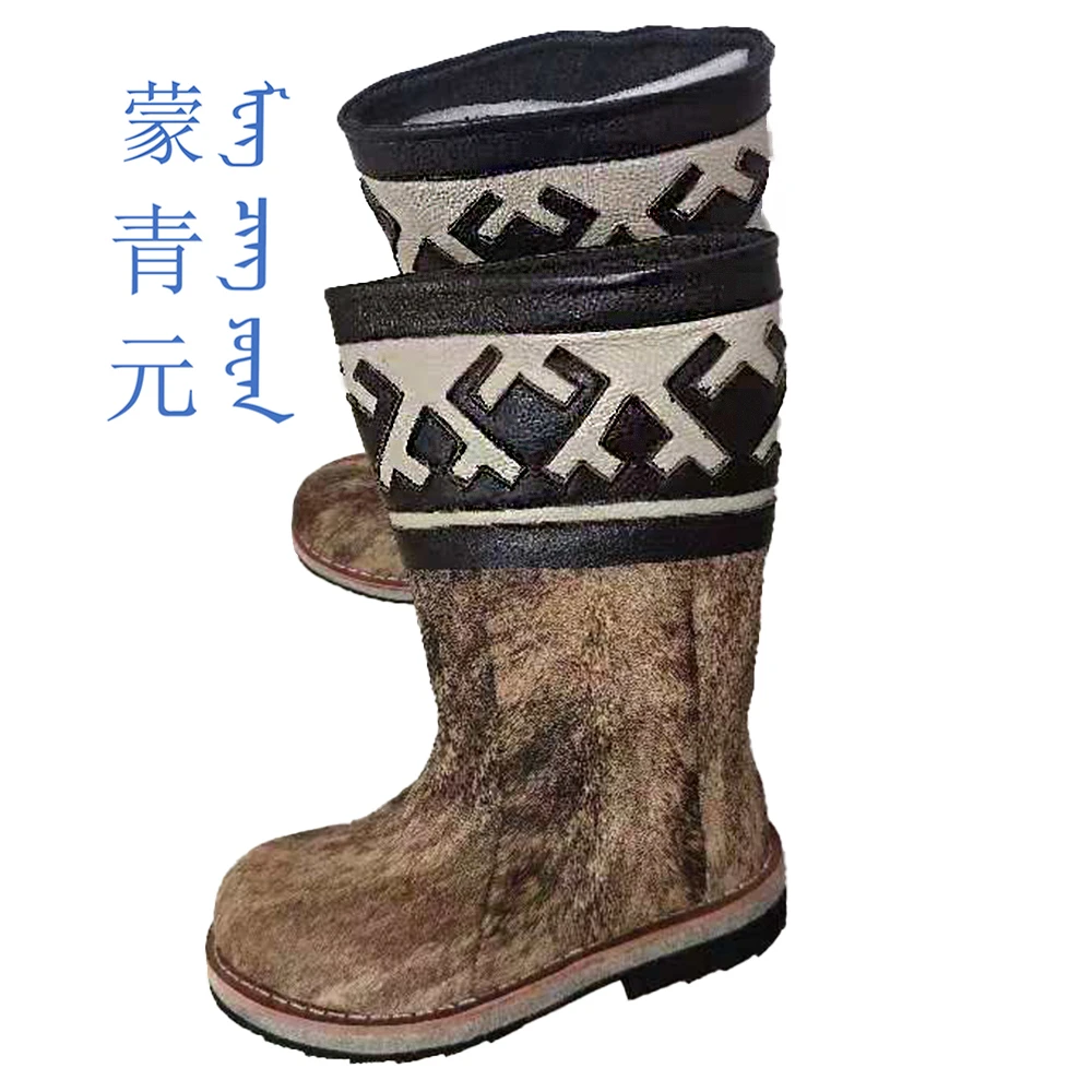 蒙青元冬季保暖男士绵羊毛高筒民族风中筒马毛厚底防滑雪地棉靴