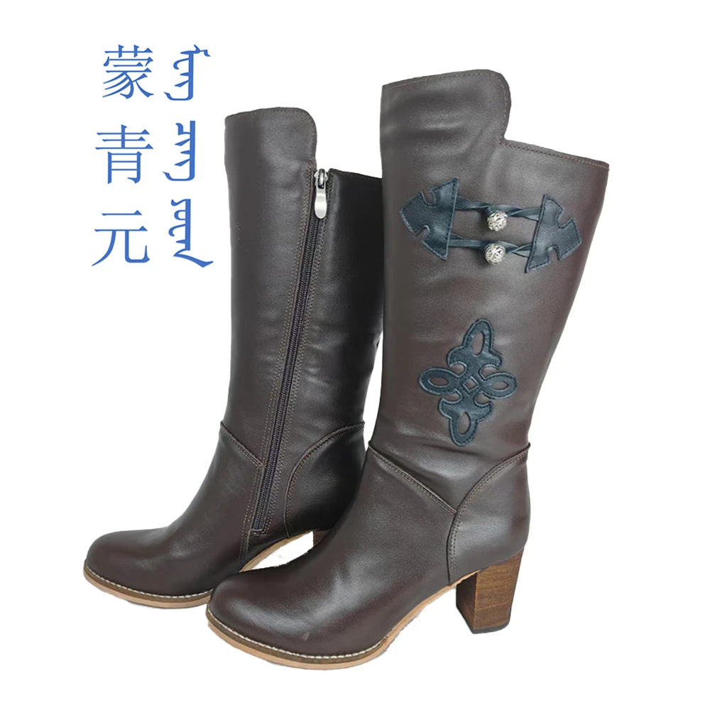 蒙青元偏小一码女士民族长筒复古马靴骑士圆头粗跟拉链春秋季马靴