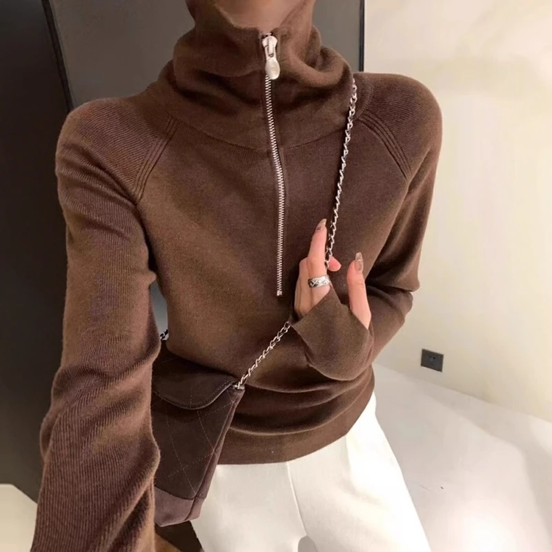 美拉德咖色半拉链高领针织衫女秋冬高级感内搭打底衫毛衣翻领上衣