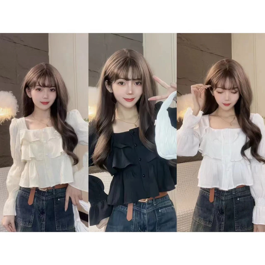 【爆款荷叶边衬衣】时尚法式方领短款甜美上衣夏季泡泡袖雪纺衬衫
