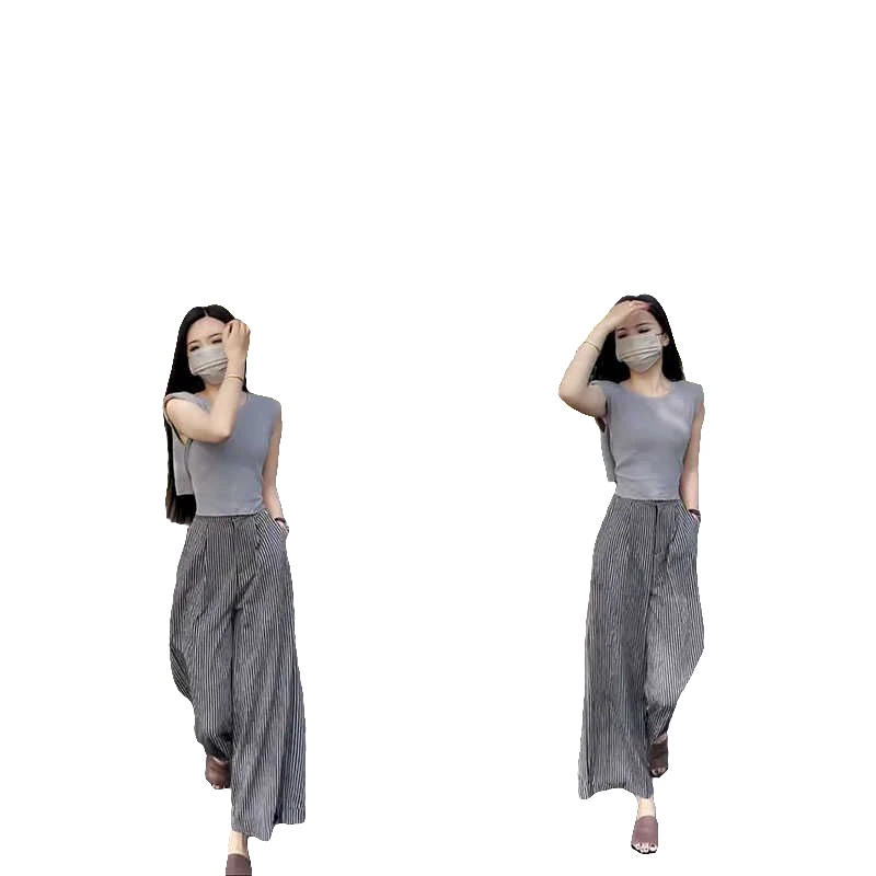 时尚洋气套装女2024夏新款砍袖气质短袖宽松显瘦高腰阔腿裤两件套