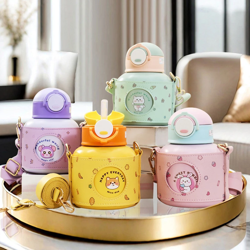 可爱卡通萌趣北欧风胖胖杯大肚杯皮杯套挂绳背带保温壶锁扣吸管杯