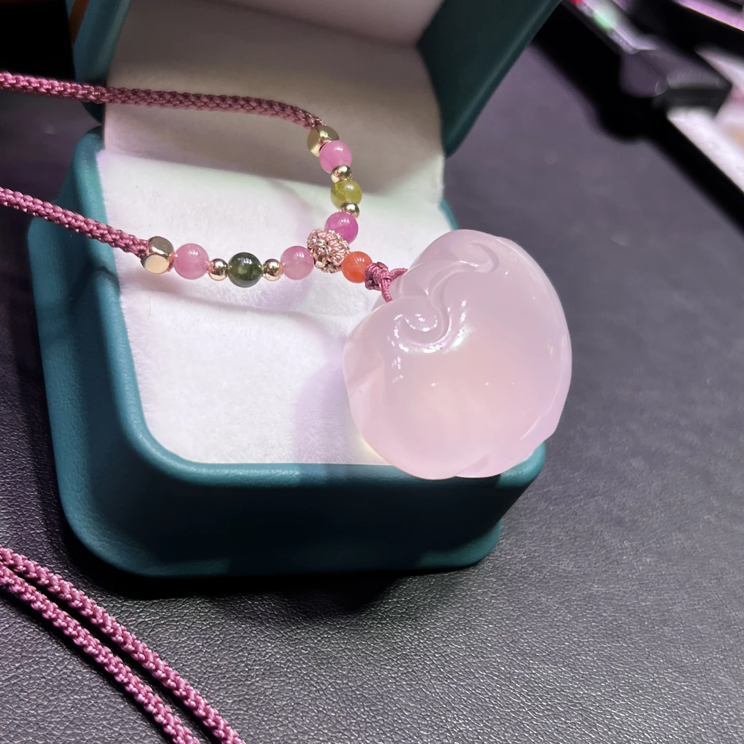 天然芙蓉石吊坠天然粉水晶如意绳子女士吊坠毛衣链