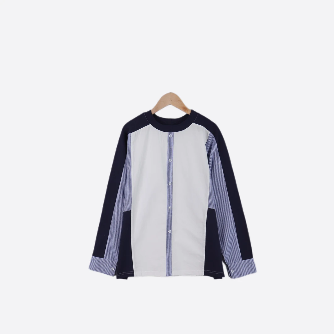 「圆领拼接」长袖T恤高级百搭女韩版时尚套头衫宽松文艺衫-P3758