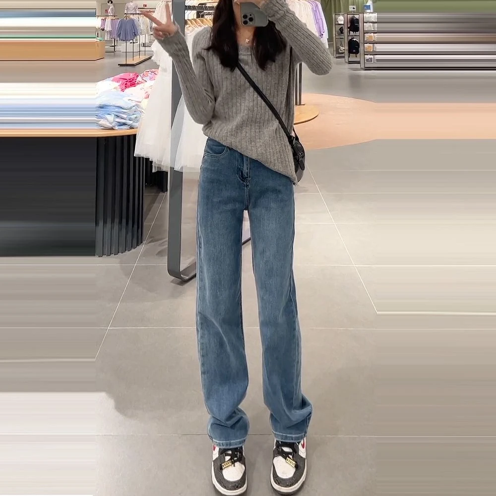 复古窄版直筒牛仔裤女2025秋季新款高腰弹力显瘦阔腿小个子烟管裤