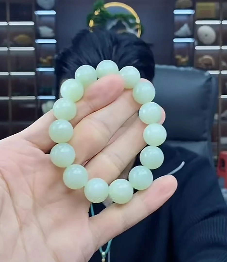 天然和田玉老料高清白圆珠素圈卡14左右手串