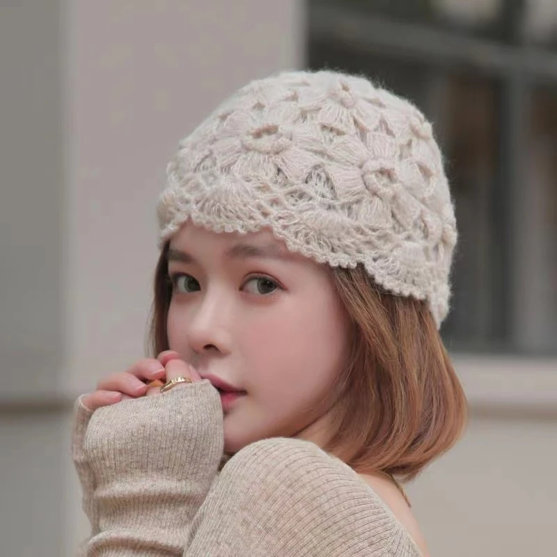 范范的礼物保暖双层手工钩花帽子马海毛帽子秋冬款洋气