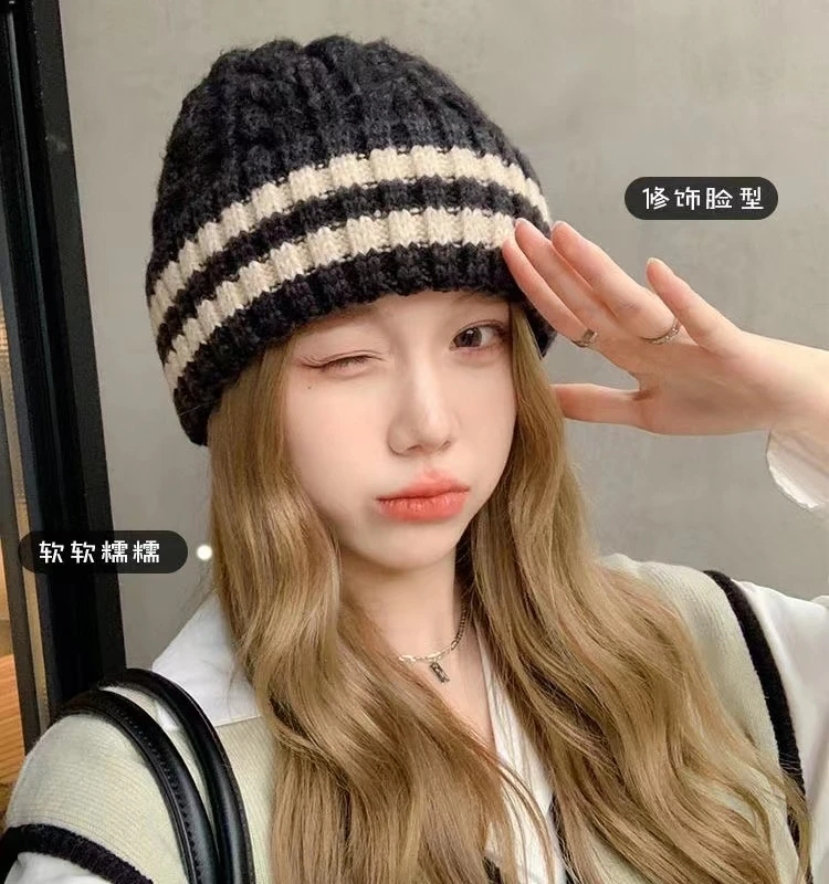 韩系撞色针织帽子秋冬护耳保暖防寒简约百搭显脸小毛线帽男女同款