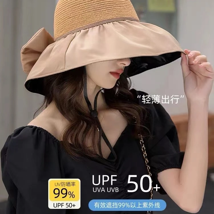 遮阳帽子夏季黑胶镂空蝴蝶结帽子女夏季防晒大帽沿防紫外线遮脸