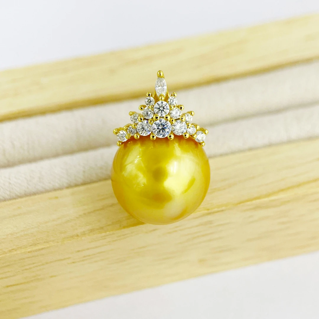 13mm冰雪女王款浓茶金18k天然海水珍珠正圆浓金镜面光吊坠强光