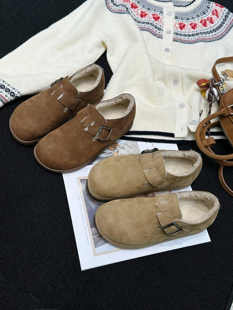 跟高2cm加绒勃肯鞋低跟毛毛鞋24冬新款棉鞋防滑保暖鞋超舒服76-1