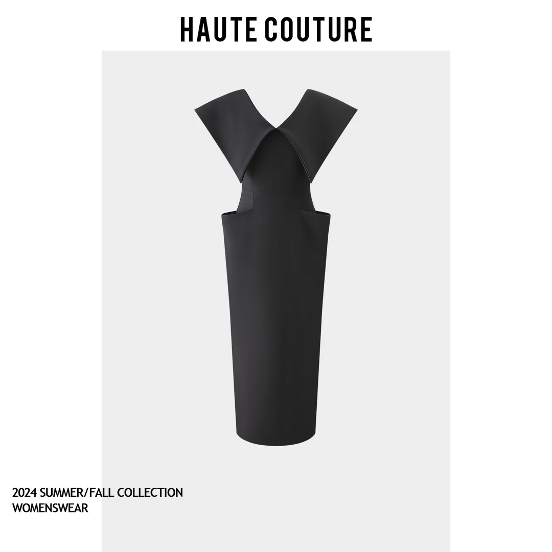 气质大翻领立裁修身中长裙口袋设计开叉连衣裙女 D7329