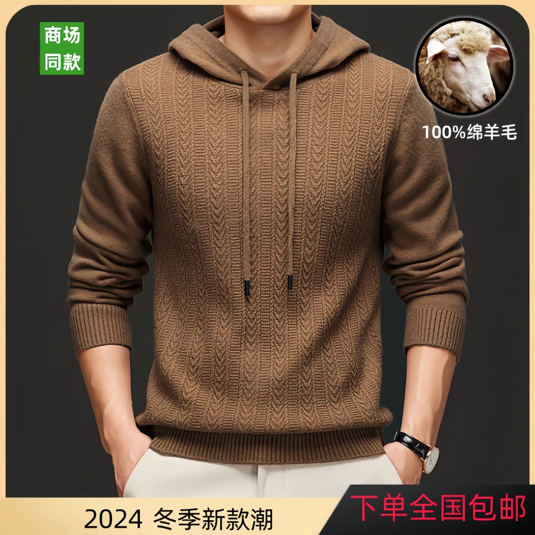 纯羊毛2024秋冬新款男装潮连帽简约休闲套头卫衣时尚中青年针织衫