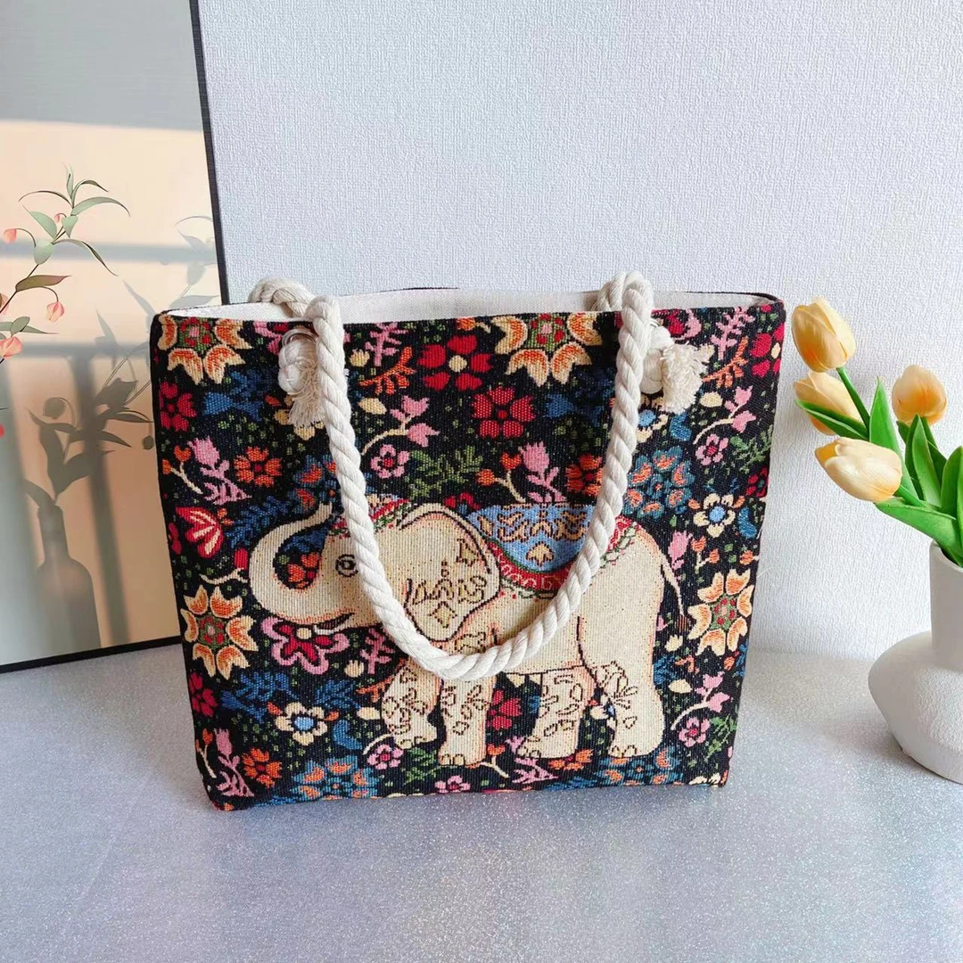 【麻绳中包】帆布提花刺绣包国潮系列花海大象女单肩包休闲旅游包