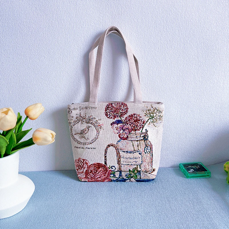 【中小包 瓶中花】双面金丝文艺手拎包帆布刺绣手提包妈咪包饭盒包