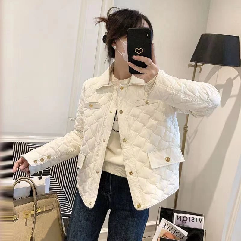 品牌断码小香风羽绒服服女短款2023年新款棉衣轻薄菱格棉袄小个子