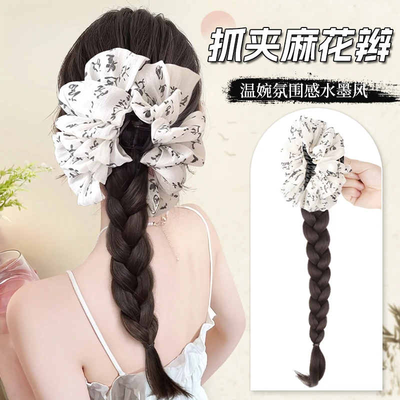 假发辫马尾女新中式水墨国风麻花辫抓夹一体假发辫子汉服旗袍马尾