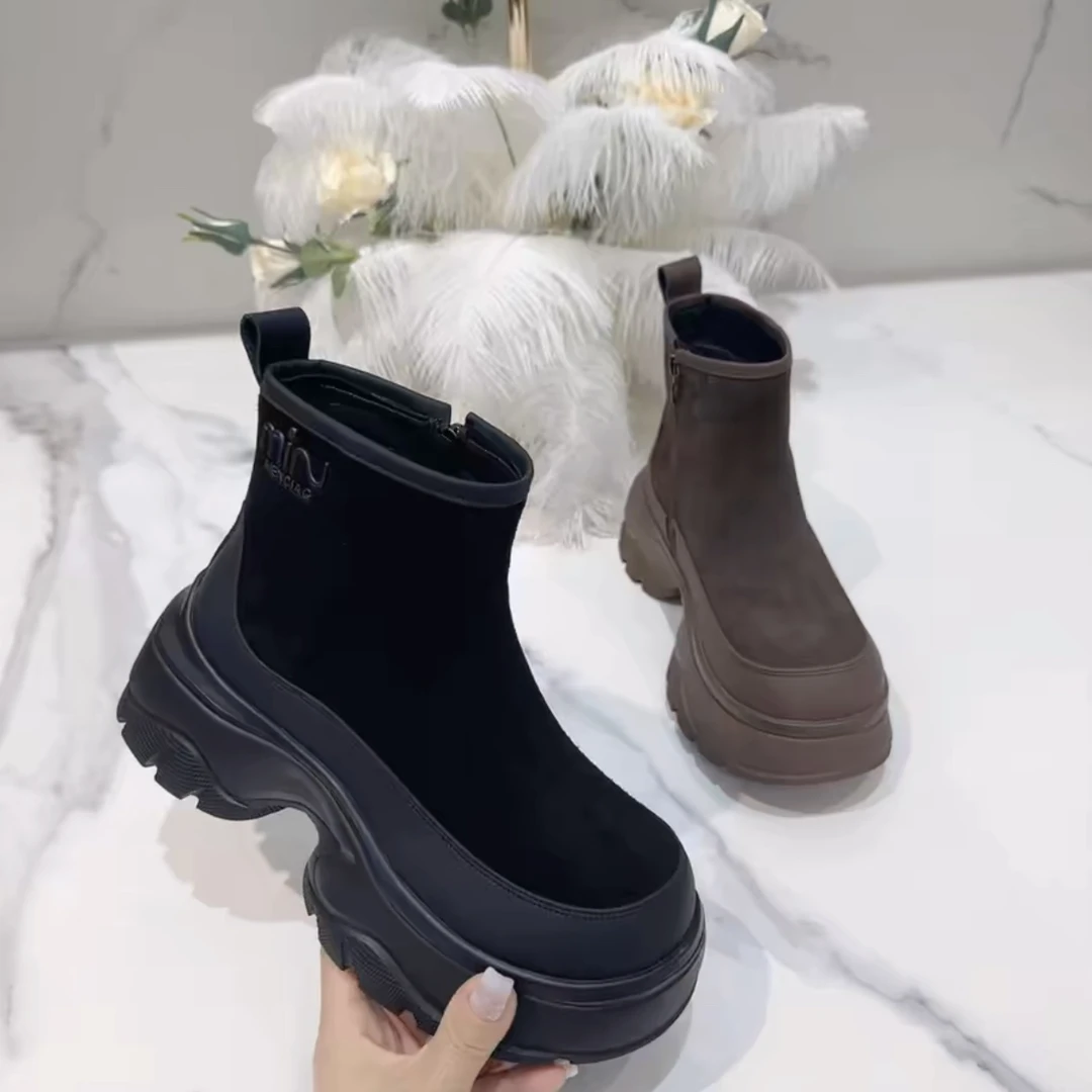 5106-20新款厚底时尚百搭增高休闲短靴秋冬加绒英伦风圆头
