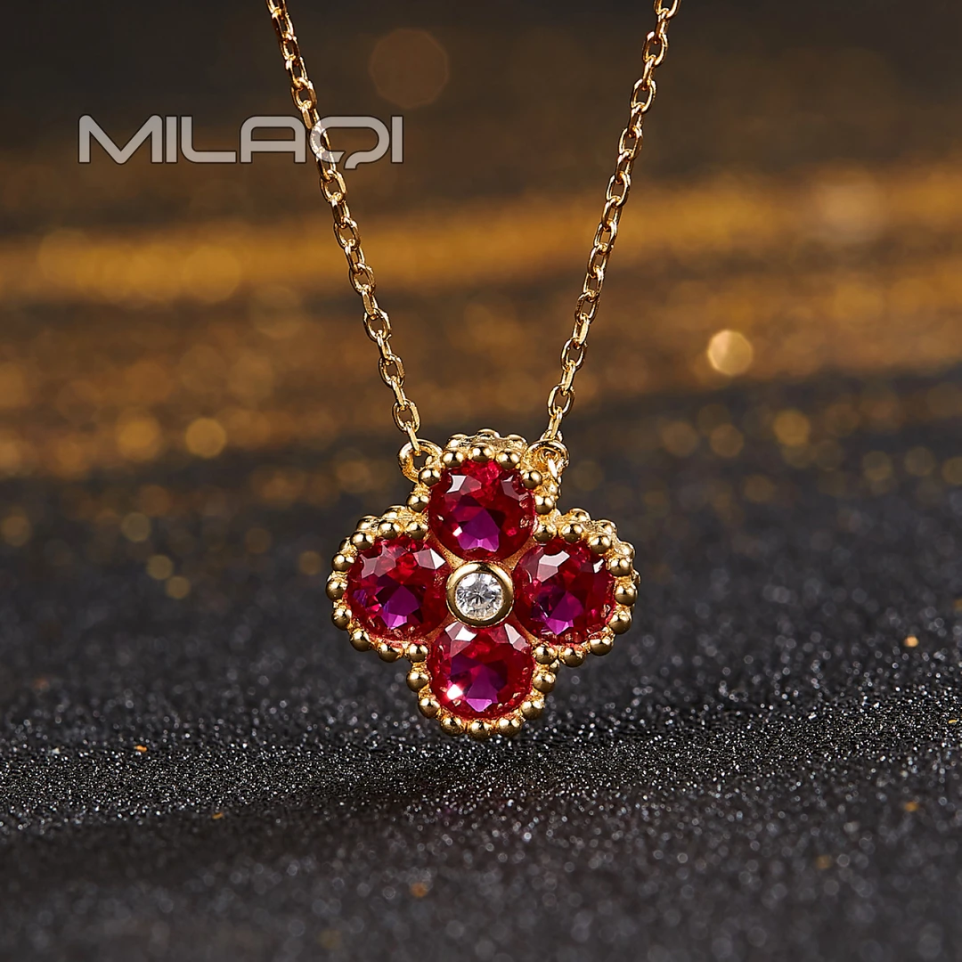 米拉奇 925银四叶草培育红宝石项链 福利款不带证书 S242