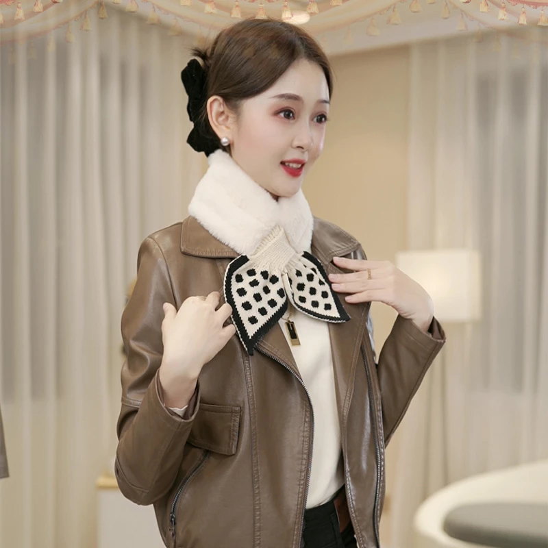 气质交叉小围脖毛毛领围巾女冬季护颈百搭可爱仿獭兔毛绒保暖假领