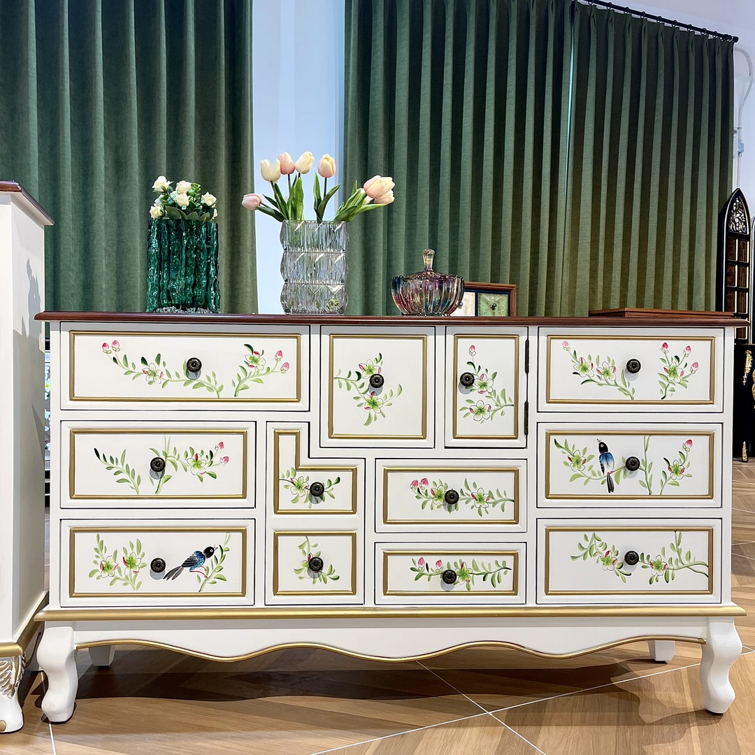 140*35*80欧卧室床尾柜客厅边柜电视柜美式田园彩绘十斗一门斗柜