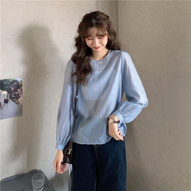 2025春新款甜美学院风女 纯色百搭打底衫宽松圆领上衣衬衫时尚