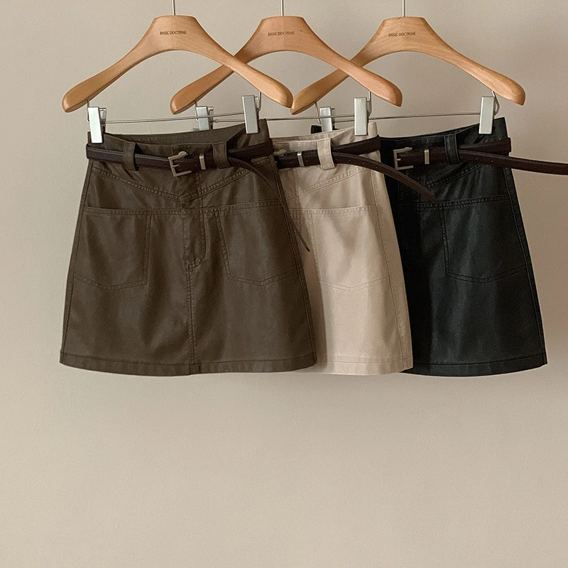 手工擦色做旧 休闲半裙配腰带2024秋冬防走光百搭PU皮短裙女