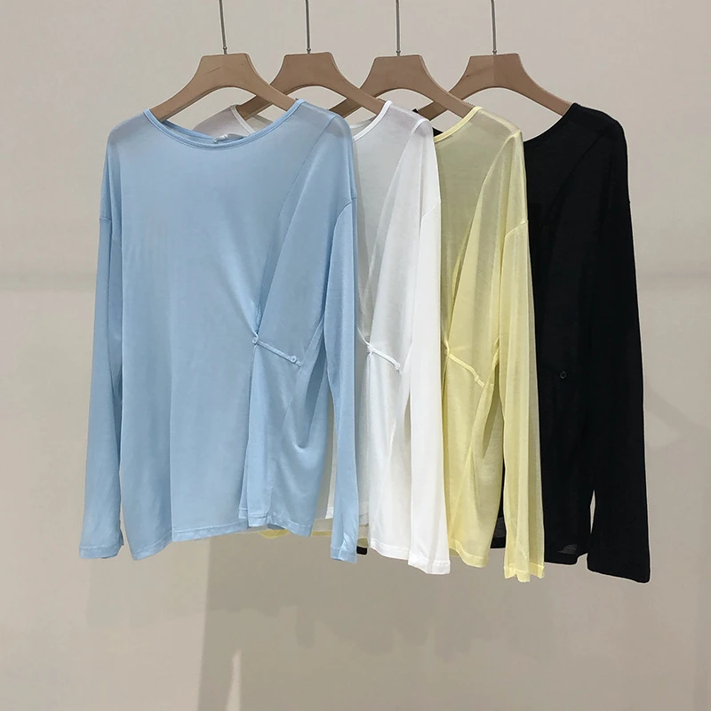 东大门防晒衫设计感侧带扣薄款纯色长袖t恤女2024夏款面膜衫上衣