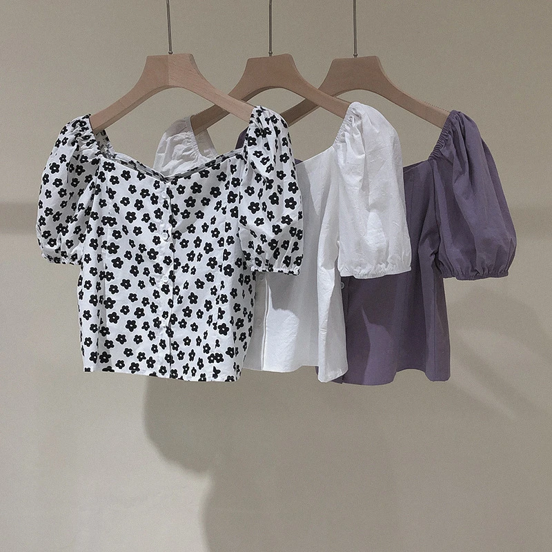 东大门2024夏季高腰法式衬衫女泡泡袖短袖一字领短款碎花方领上衣