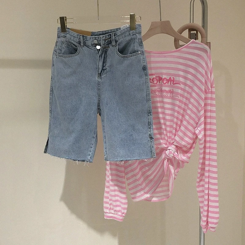 东大门薄软五分开叉牛仔裤女夏季2025夏季高腰宽松毛边流苏阔腿潮