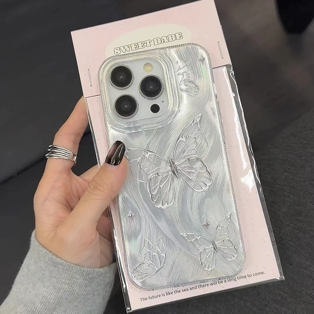 ins高级银蝴蝶适用苹果15手机壳iphone13/14promax/12软11羽纱壳