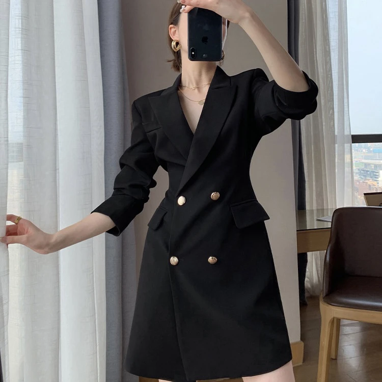 黑色法式赫本风高级西装连衣裙新款收腰显瘦时尚气质裙子薄荷曼波