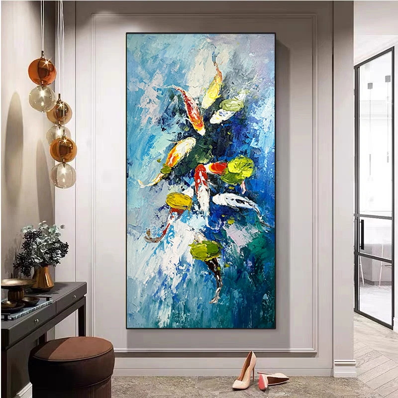入户玄关高档装饰画现代简约手绘九鱼图油画过道壁画走廊高端挂画