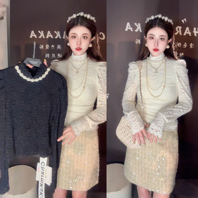 【露华浓】61036珍珠镶边加绒蕾丝喇叭袖打底衫