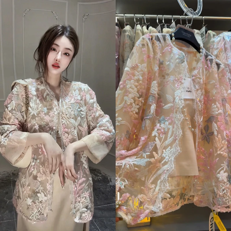 【粉袖添香】61453蕾丝边重工珠片花朵卷边修外套