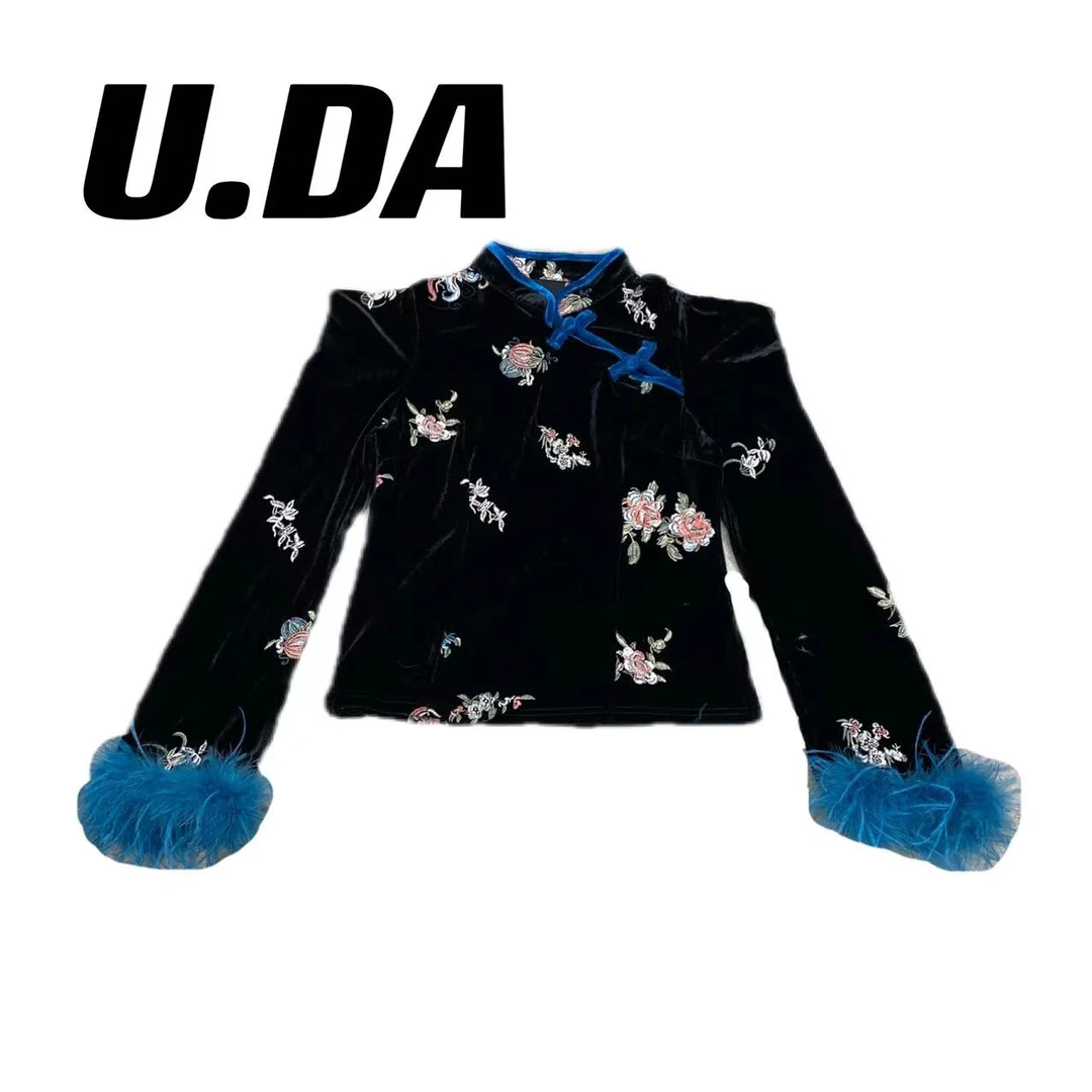 【时尚欧货】时尚百搭设计款复古国潮盘扣花朵刺绣丝绒上衣