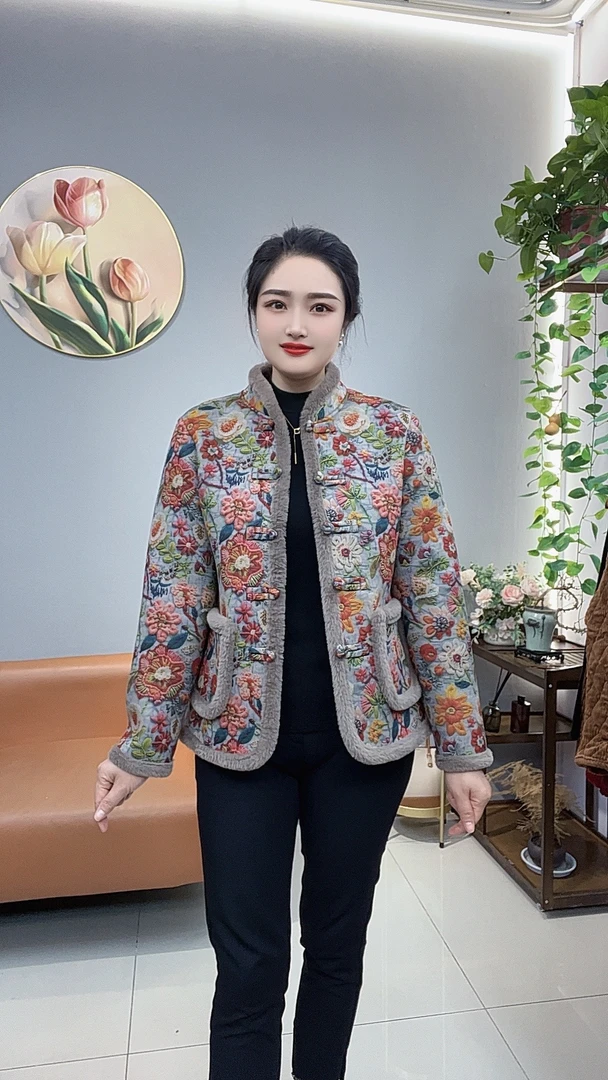 2024冬季新款加绒新中式盘扣碎花棉衣时尚百搭中老年妈妈装厚外套