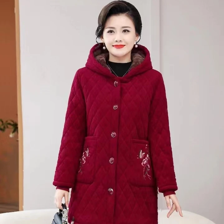 2025新中式妈妈装灯芯绒外套加绒加厚棉袄中老年人女装秋冬季棉服