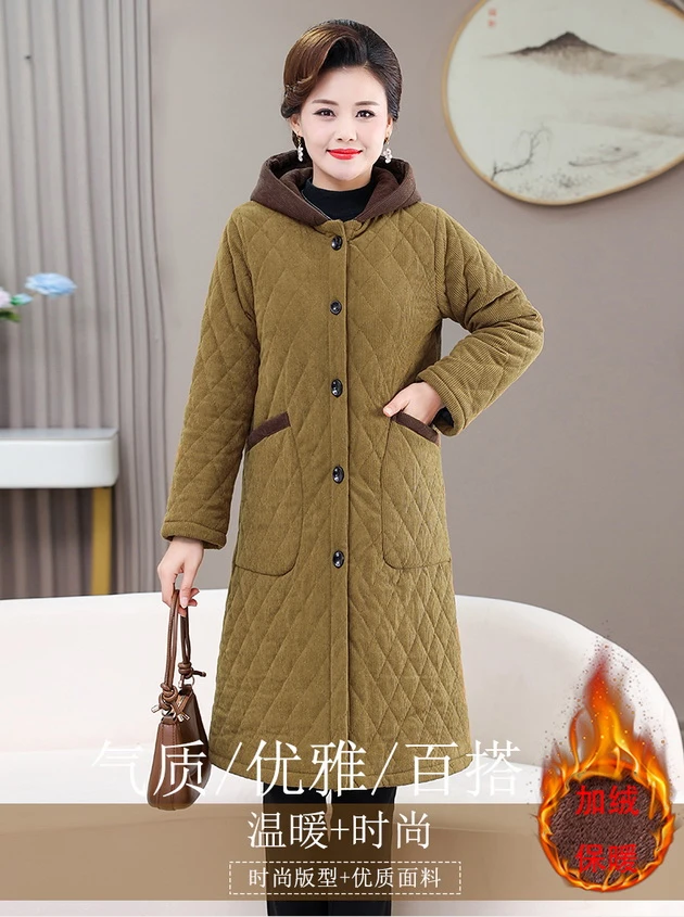 妈妈冬款加绒加厚灯芯绒外套女显瘦长款连帽棉衣中年女装百搭保暖