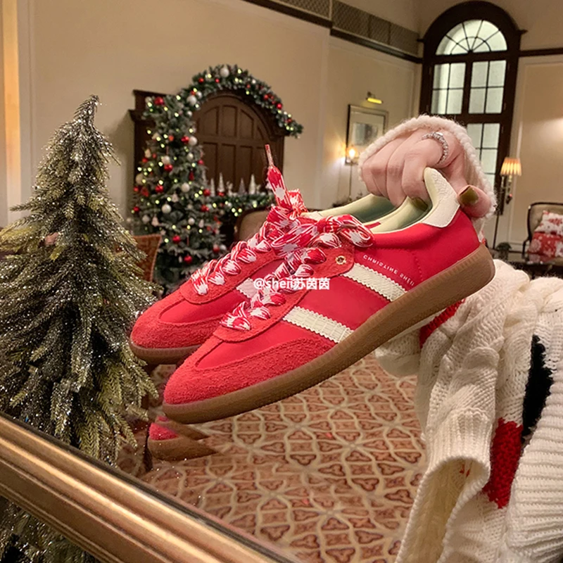 苏茵茵德训鞋2024秋季复古厚底休闲板鞋毛茸茸红色百搭E24D448A