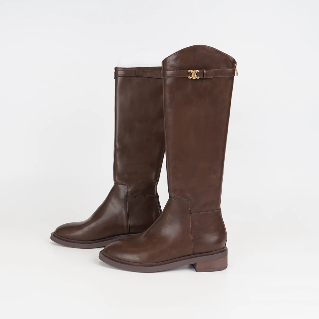 【玉美华】圆头斜口粗跟骑士靴女长靴E3407182